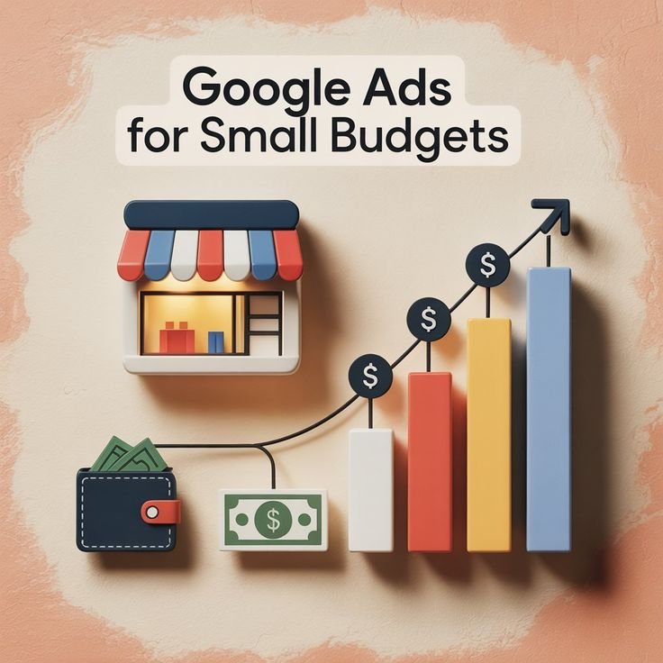 Illustration of a small business growing ad budget with Google Ads, showing rising revenue bars